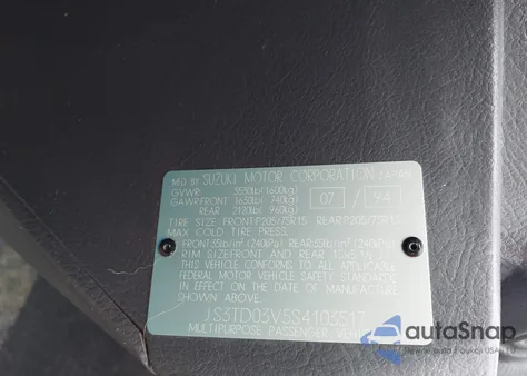 1995 Suzuki Sidekick Jx/Jlx from USA, damaged, VIN JS3TD03V5S4103517